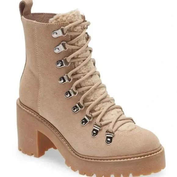 JEFFREY CAMPBELL What Faux Suede Sherpa Lace Up Beige Boots