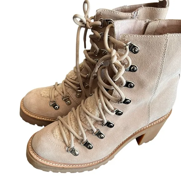 JEFFREY CAMPBELL What Faux Suede Sherpa Lace Up Beige Boots