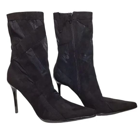 Jeffrey Campbell Black Suede Mesh Stripes Classic Ankle Boots Size 11