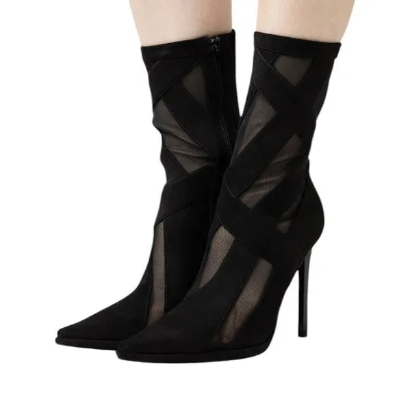 Jeffrey Campbell Black Suede Mesh Stripes Classic Ankle Boots Size 11