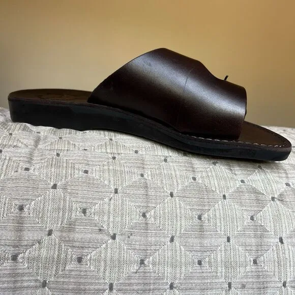 Jerusalem Dark Brown Stiff Leather Slide Sandal Men EU 47 US 13.5-14 Double Monk