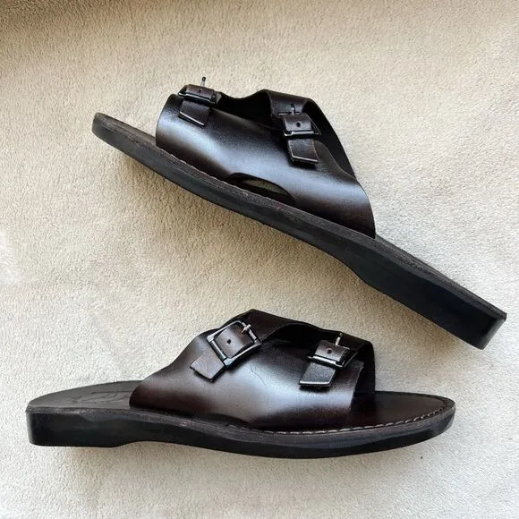 Jerusalem Dark Brown Stiff Leather Slide Sandal Men EU 47 US 13.5-14 Double Monk
