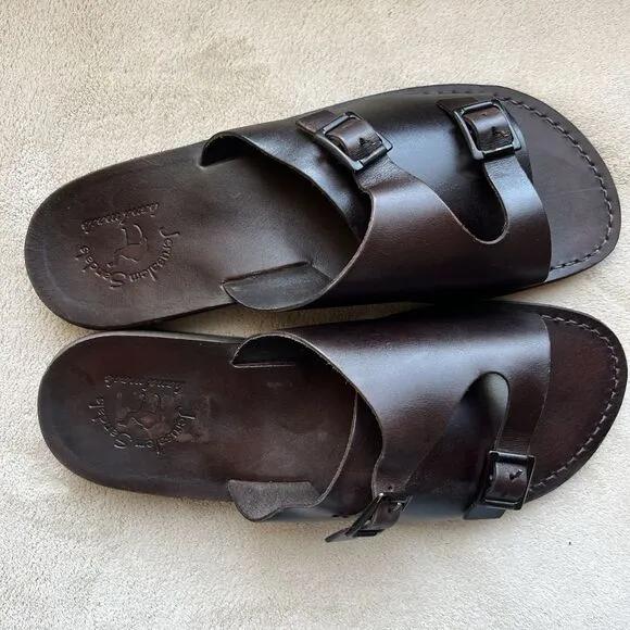 Jerusalem Dark Brown Stiff Leather Slide Sandal Men EU 47 US 13.5-14 Double Monk