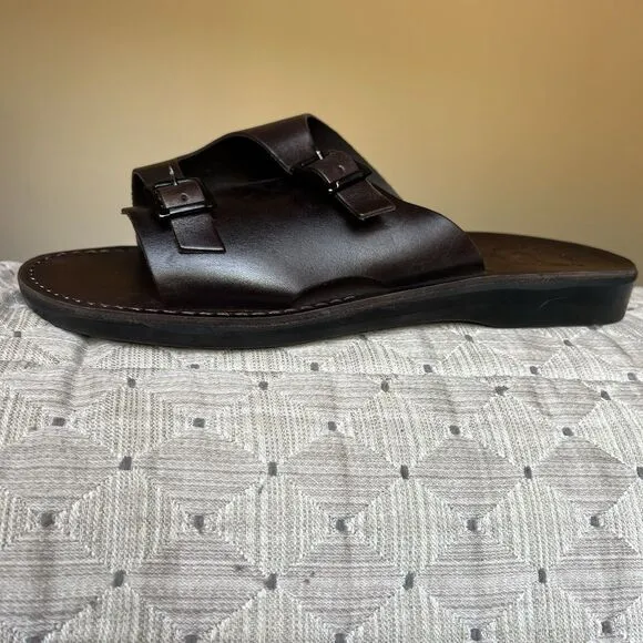 Jerusalem Dark Brown Stiff Leather Slide Sandal Men EU 47 US 13.5-14 Double Monk