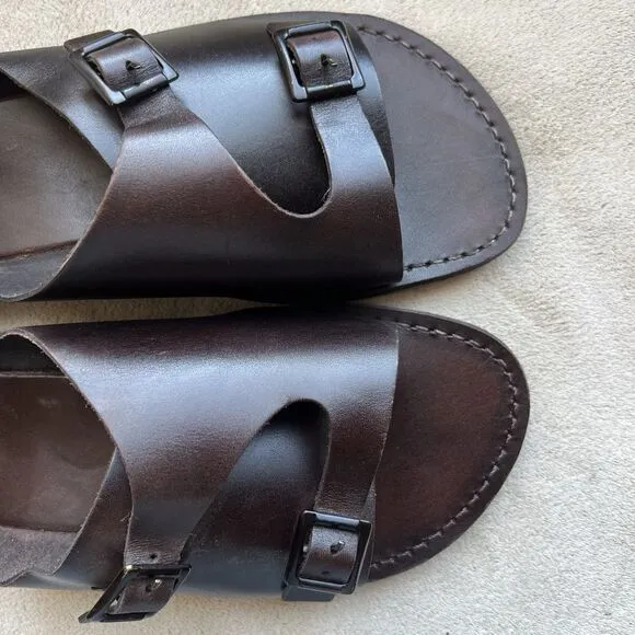 Jerusalem Dark Brown Stiff Leather Slide Sandal Men EU 47 US 13.5-14 Double Monk