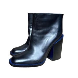 Jil Sander black leather slip on ankle boots chunky block heel blue trim 38.5