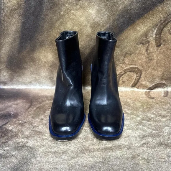 Jil Sander black leather slip on ankle boots chunky block heel blue trim 38.5