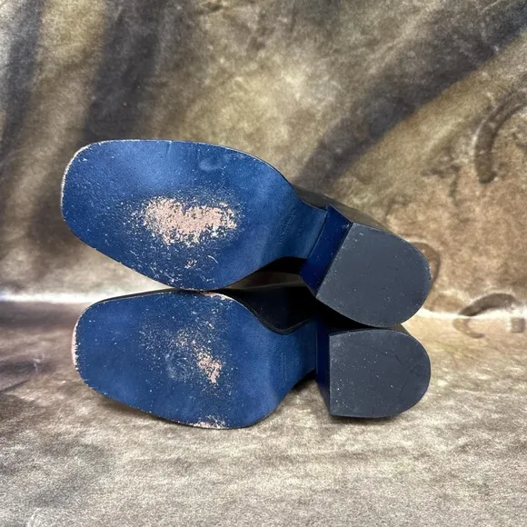 Jil Sander black leather slip on ankle boots chunky block heel blue trim 38.5