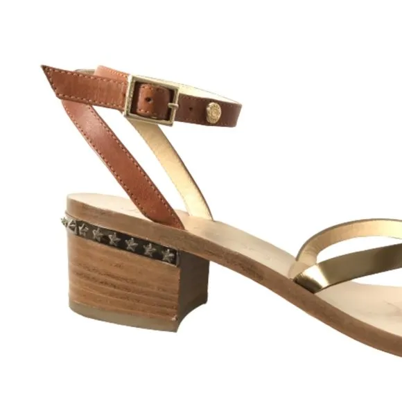 Jimmy Choo Leather Star Studded Wrap Sandals Womens 36.5 Brown Block Heels Shoes