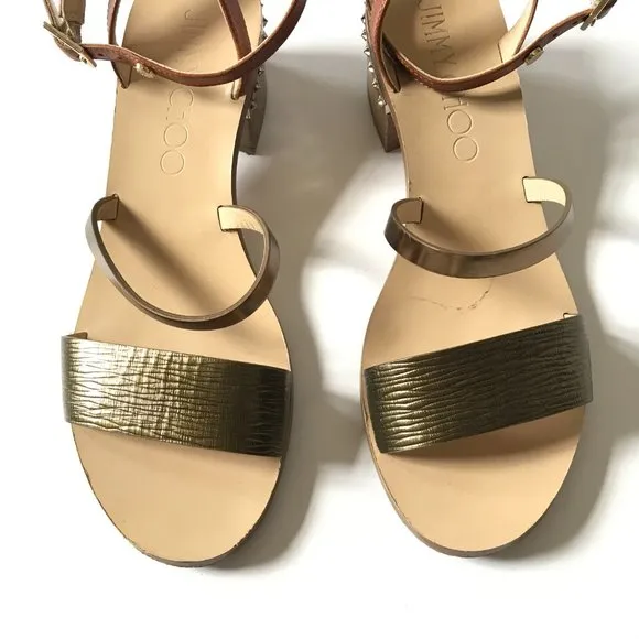 Jimmy Choo Leather Star Studded Wrap Sandals Womens 36.5 Brown Block Heels Shoes