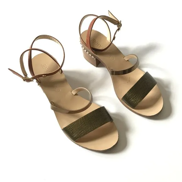 Jimmy Choo Leather Star Studded Wrap Sandals Womens 36.5 Brown Block Heels Shoes