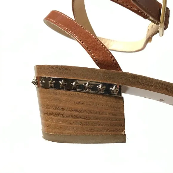 Jimmy Choo Leather Star Studded Wrap Sandals Womens 36.5 Brown Block Heels Shoes