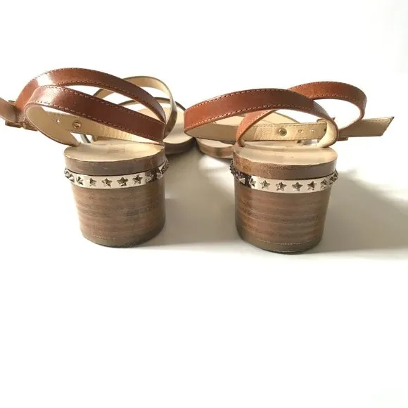 Jimmy Choo Leather Star Studded Wrap Sandals Womens 36.5 Brown Block Heels Shoes