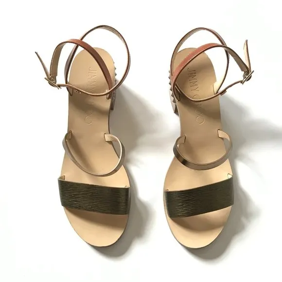 Jimmy Choo Leather Star Studded Wrap Sandals Womens 36.5 Brown Block Heels Shoes