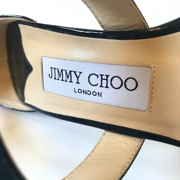 Jimmy Choo Louise Criss Cross Sandals Womens 37.5 7.5 Navy Blue Patent Leather