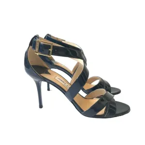 Jimmy Choo Louise Criss Cross Sandals Womens 37.5 7.5 Navy Blue Patent Leather