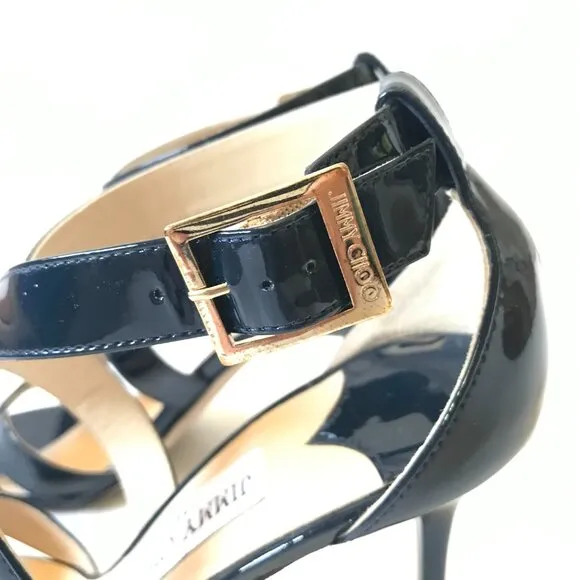 Jimmy Choo Louise Criss Cross Sandals Womens 37.5 7.5 Navy Blue Patent Leather