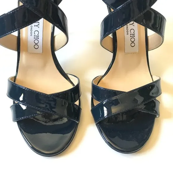 Jimmy Choo Louise Criss Cross Sandals Womens 37.5 7.5 Navy Blue Patent Leather
