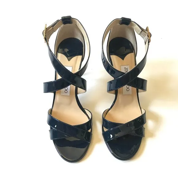 Jimmy Choo Louise Criss Cross Sandals Womens 37.5 7.5 Navy Blue Patent Leather