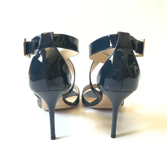 Jimmy Choo Louise Criss Cross Sandals Womens 37.5 7.5 Navy Blue Patent Leather
