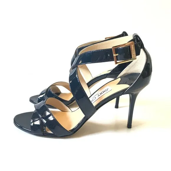 Jimmy Choo Louise Criss Cross Sandals Womens 37.5 7.5 Navy Blue Patent Leather