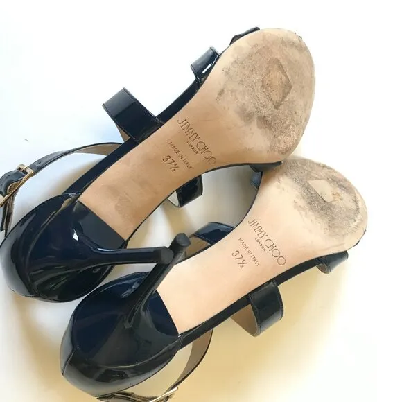Jimmy Choo Louise Criss Cross Sandals Womens 37.5 7.5 Navy Blue Patent Leather