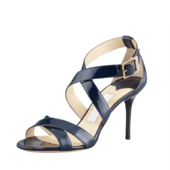 Jimmy Choo Louise Criss Cross Sandals Womens 37.5 7.5 Navy Blue Patent Leather