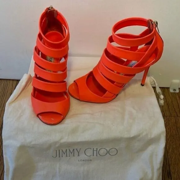 Jimmy Choo Neon Flame Nappa Caged Leather Sandals Heels Size 36.5 US 6.5