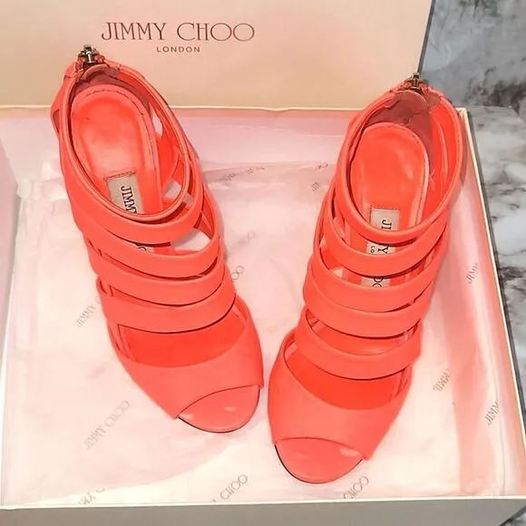 Jimmy Choo Neon Flame Nappa Caged Leather Sandals Heels Size 36.5 US 6.5