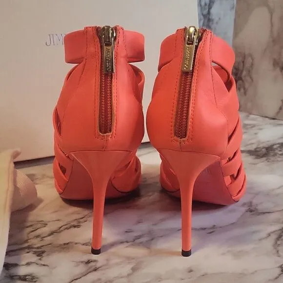 Jimmy Choo Neon Flame Nappa Caged Leather Sandals Heels Size 36.5 US 6.5