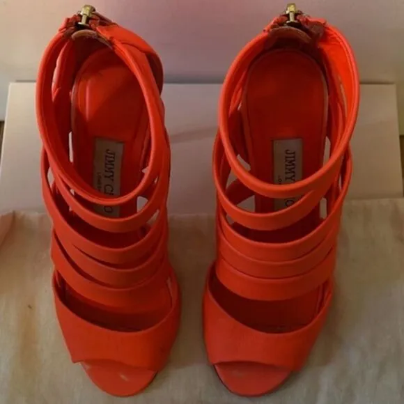 Jimmy Choo Neon Flame Nappa Caged Leather Sandals Heels Size 36.5 US 6.5