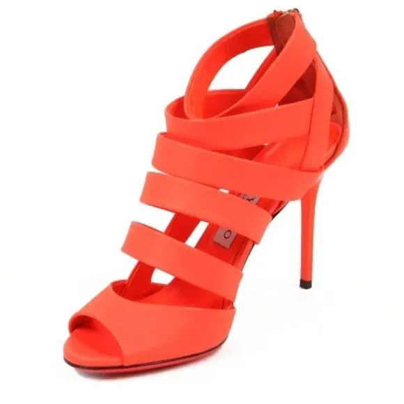 Jimmy Choo Neon Flame Nappa Caged Leather Sandals Heels Size 36.5 US 6.5