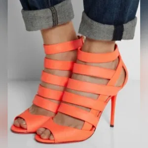 Jimmy Choo Neon Flame Nappa Caged Leather Sandals Heels Size 36.5 US 6.5