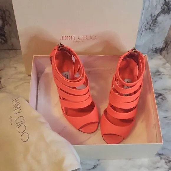 Jimmy Choo Neon Flame Nappa Caged Leather Sandals Heels Size 36.5 US 6.5