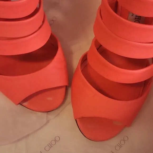 Jimmy Choo Neon Flame Nappa Caged Leather Sandals Heels Size 36.5 US 6.5