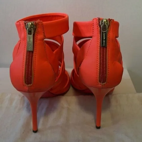 Jimmy Choo Neon Flame Nappa Caged Leather Sandals Heels Size 36.5 US 6.5