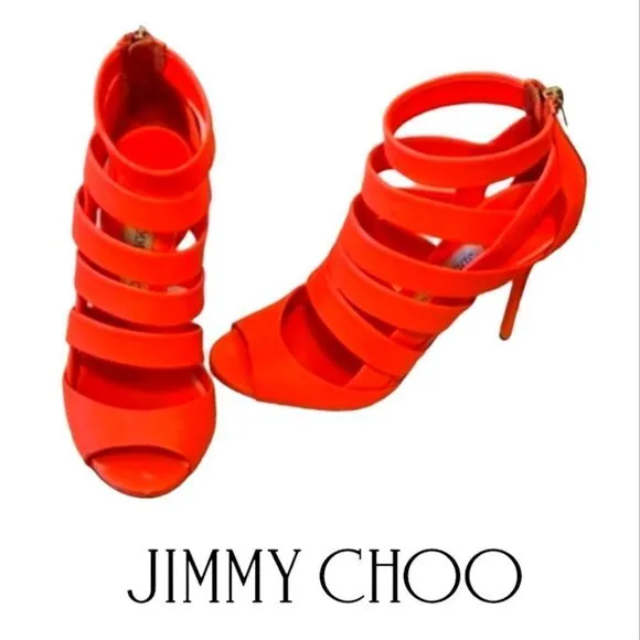 Jimmy Choo Neon Flame Nappa Caged Leather Sandals Heels Size 36.5 US 6.5