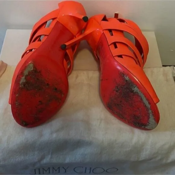 Jimmy Choo Neon Flame Nappa Caged Leather Sandals Heels Size 36.5 US 6.5