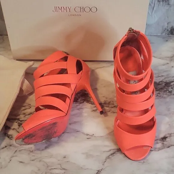Jimmy Choo Neon Flame Nappa Caged Leather Sandals Heels Size 36.5 US 6.5