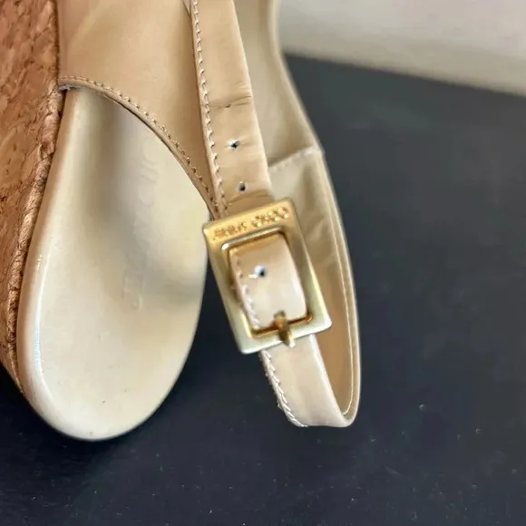 Jimmy Choo Praise Patent Leather Wedge Sling back Tan Sandal Size 38