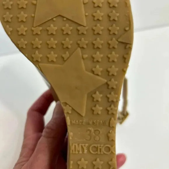 Jimmy Choo Praise Patent Leather Wedge Sling back Tan Sandal Size 38