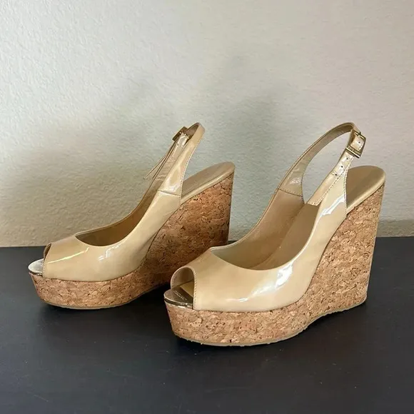 Jimmy Choo Praise Patent Leather Wedge Sling back Tan Sandal Size 38