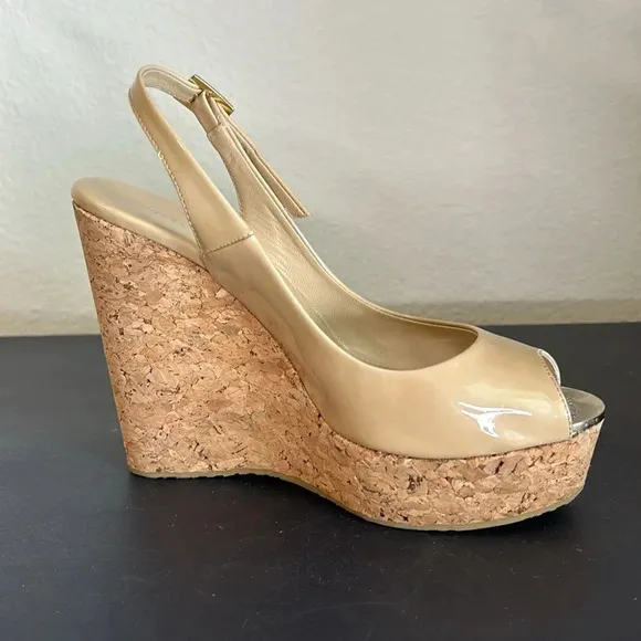 Jimmy Choo Praise Patent Leather Wedge Sling back Tan Sandal Size 38