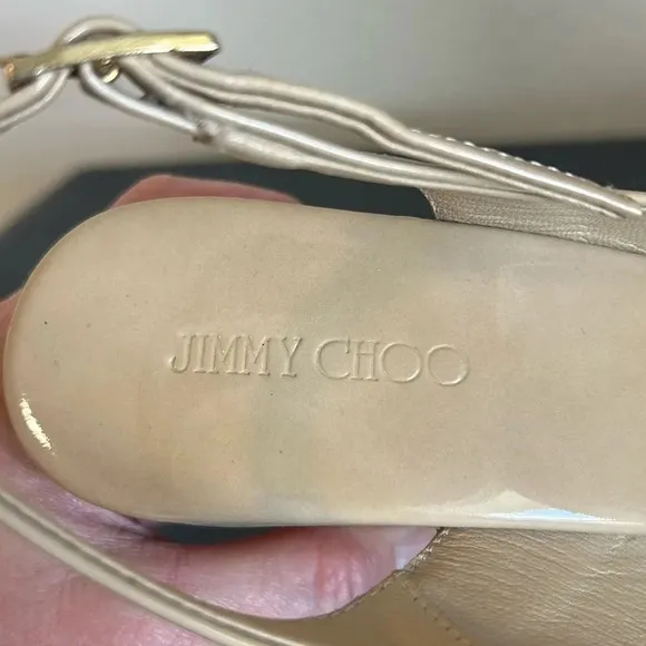 Jimmy Choo Praise Patent Leather Wedge Sling back Tan Sandal Size 38