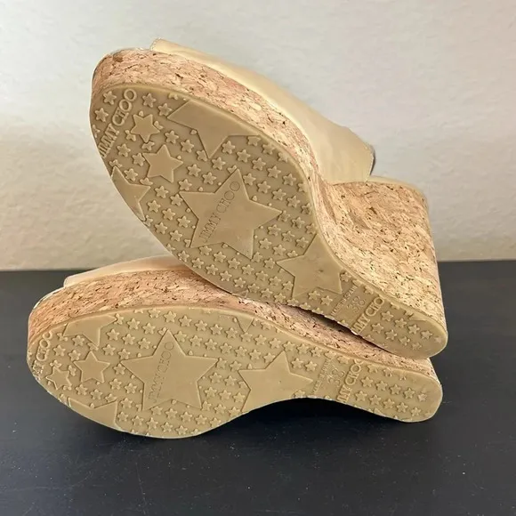 Jimmy Choo Praise Patent Leather Wedge Sling back Tan Sandal Size 38