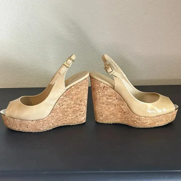 Jimmy Choo Praise Patent Leather Wedge Sling back Tan Sandal Size 38