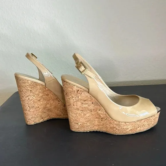 Jimmy Choo Praise Patent Leather Wedge Sling back Tan Sandal Size 38