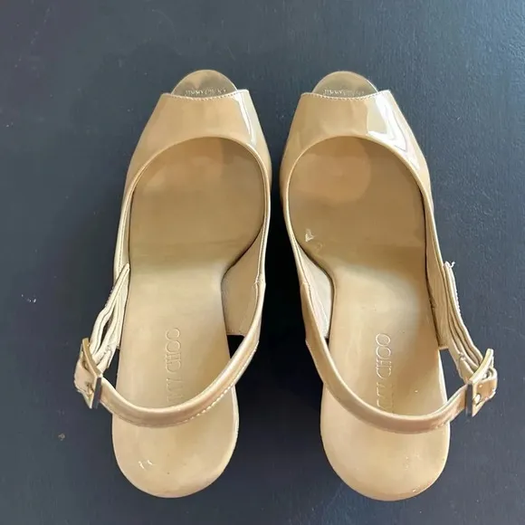 Jimmy Choo Praise Patent Leather Wedge Sling back Tan Sandal Size 38