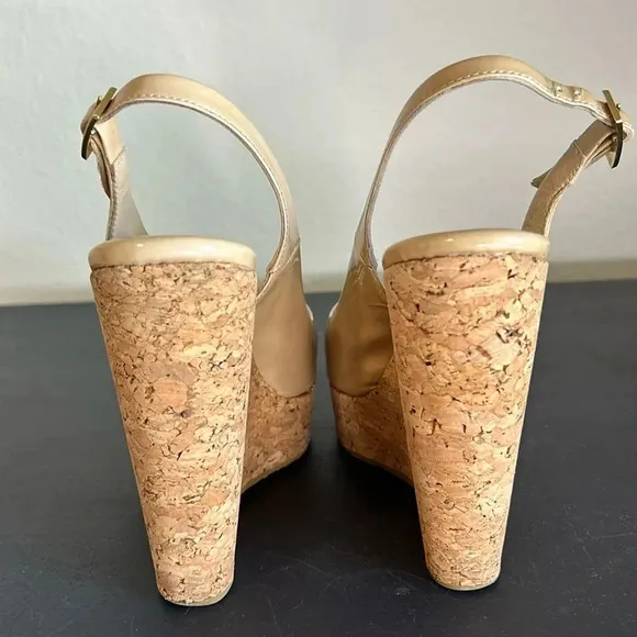 Jimmy Choo Praise Patent Leather Wedge Sling back Tan Sandal Size 38