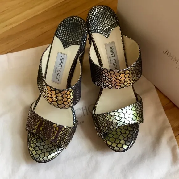 JIMMY CHOO ULRIKA Metallic Leather Studded Wooden Heel Slide Sandals SZ 40.5/9.5
